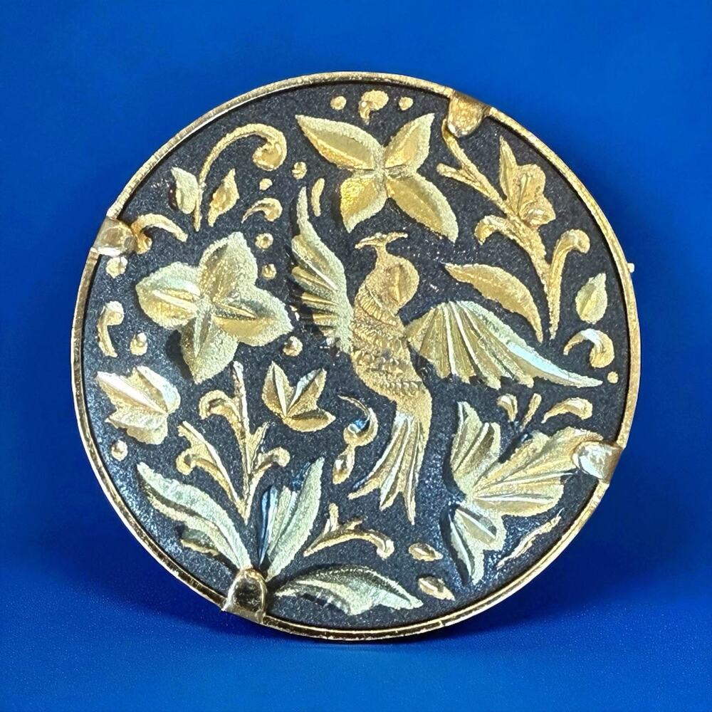 Vintage Damascene Bird & Flower Brooch/Pin